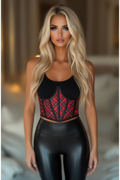 Lavish Red Plaid Satin Open Cup Waist Cincher