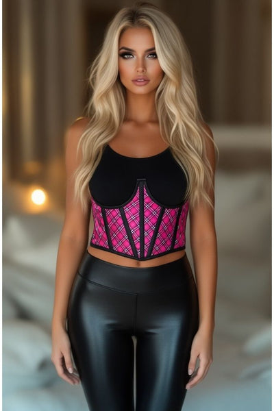 Lavish Pink Plaid Satin Open Cup Waist Cincher