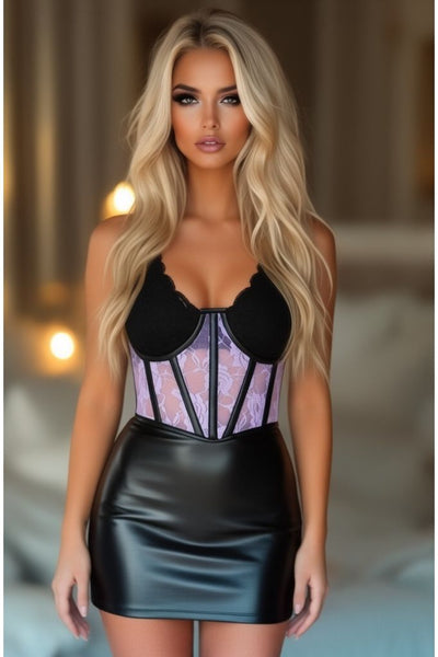 Lavish Sheer Lavender Lace & Faux Leather Open Cup Waist Cincher
