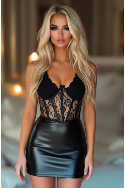 Lavish Tan w/Black Lace Overlay Open Cup Waist Cincher