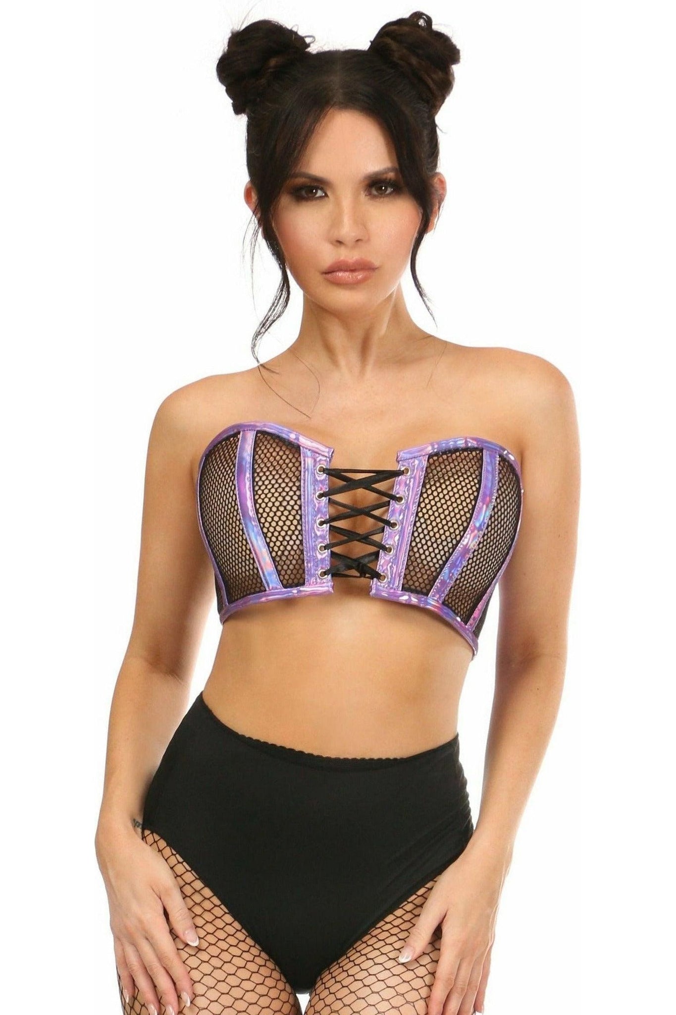 Lavish Purple Holo & Fishnet Lace-Up Short Bustier Top - Daisy Corsets