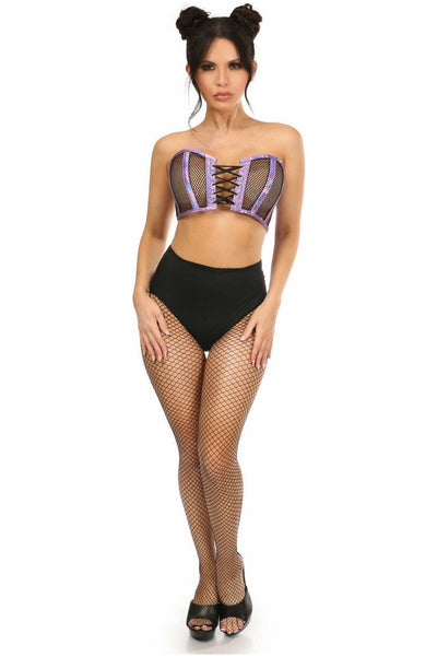 Lavish Purple Holo & Fishnet Lace-Up Short Bustier Top - Daisy Corsets