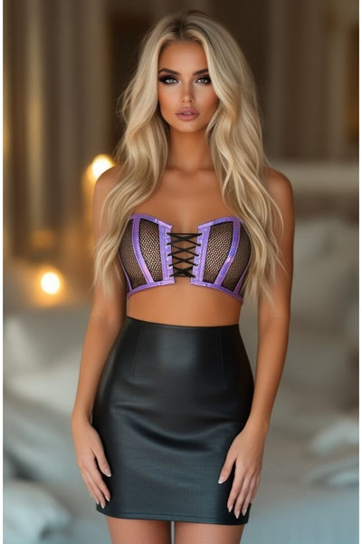 Lavish Purple Holo & Fishnet Lace-Up Short Bustier Top