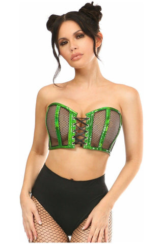 Lavish Green Holo & Fishnet Lace-Up Short Bustier Top - Daisy Corsets