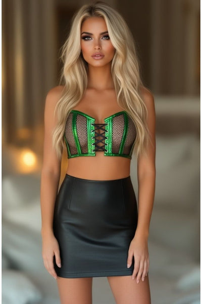 Lavish Green Holo & Fishnet Lace-Up Short Bustier Top
