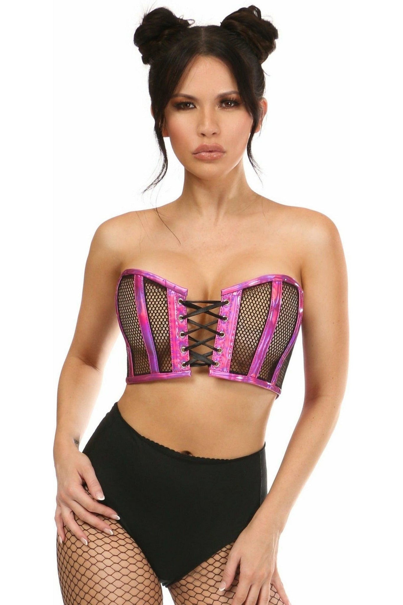 Lavish Fuchsia Holo & Fishnet Lace-Up Short Bustier Top - Daisy Corsets