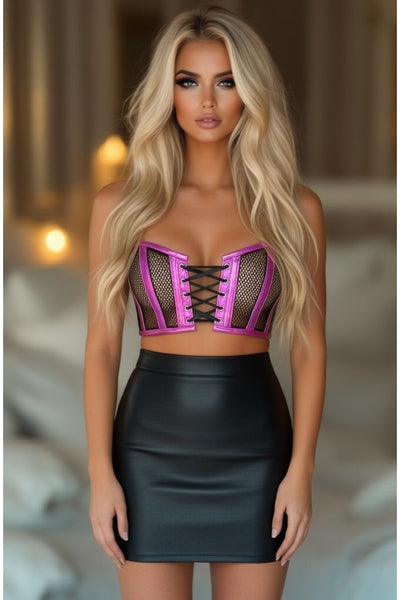 Lavish Fuchsia Holo & Fishnet Lace-Up Short Bustier Top