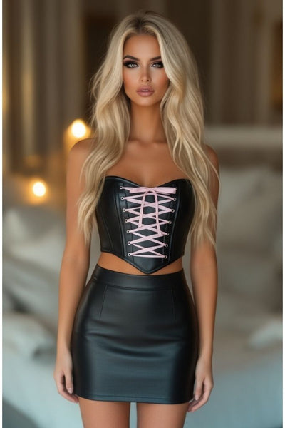 Lavish Black Faux Leather w/Pink Lace-Up Bustier