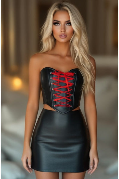 Lavish Black Faux Leather w/Red Lace-Up Bustier
