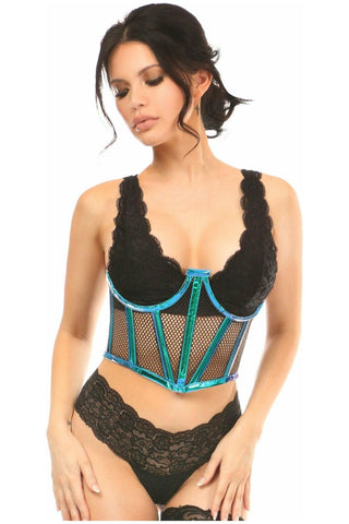 Lavish Blue/Teal Holo & Fishnet Underwire Waist Cincher Corset - Daisy Corsets