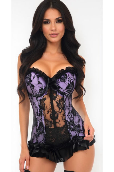 Lavish Lt Purple w/Black Lace & Lycra Hook & Eye Stretch Bustier Corset