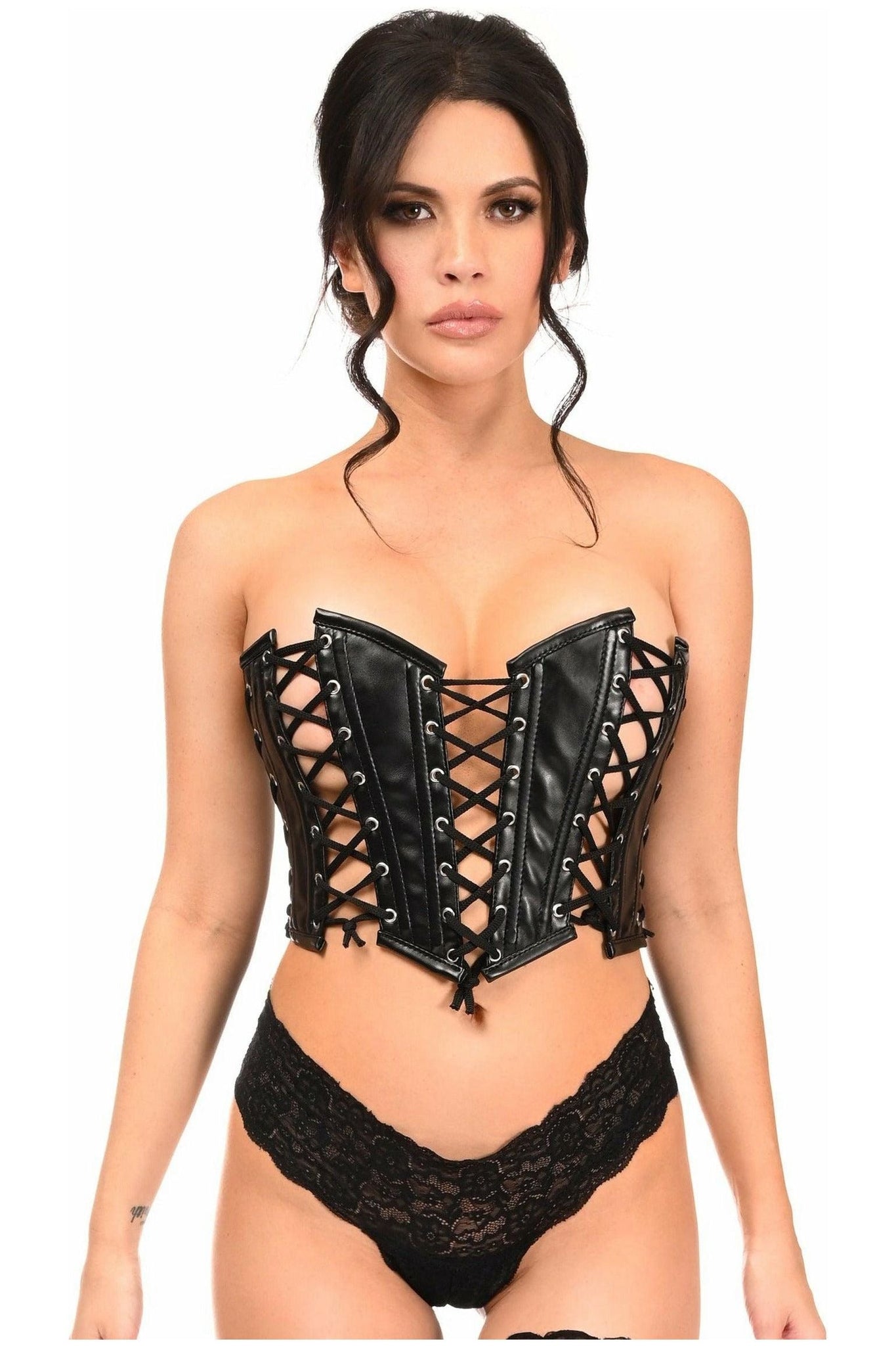 Lavish Black Faux Leather w/Black Lacing Lace-Up Bustier - Daisy Corsets