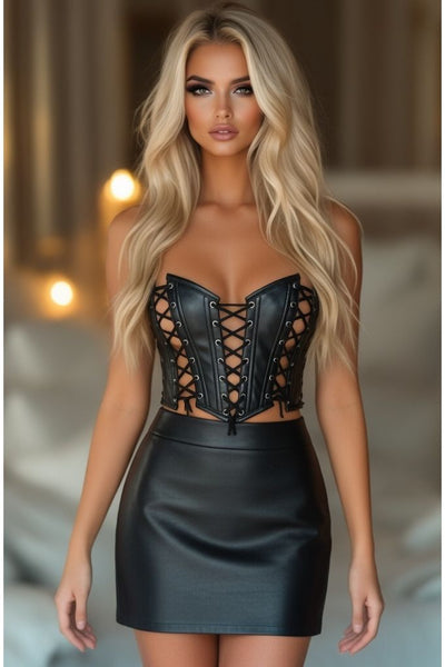 Lavish Black Faux Leather w/Black Lacing Lace-Up Bustier