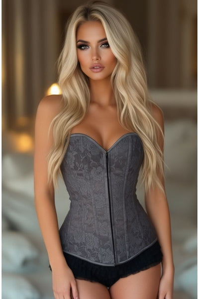 Lavish Dark Grey Lace Overbust Corset w/Zipper