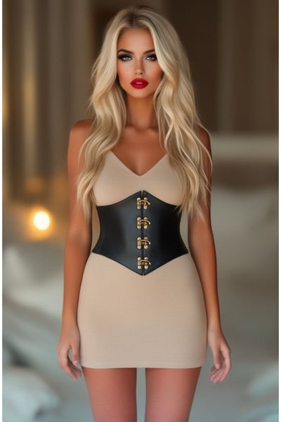 Lavish Black Faux Leather Corset Belt Cincher w/Clasps