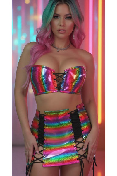 Lavish 2 PC Rainbow Glitter Bustier & Skirt Set
