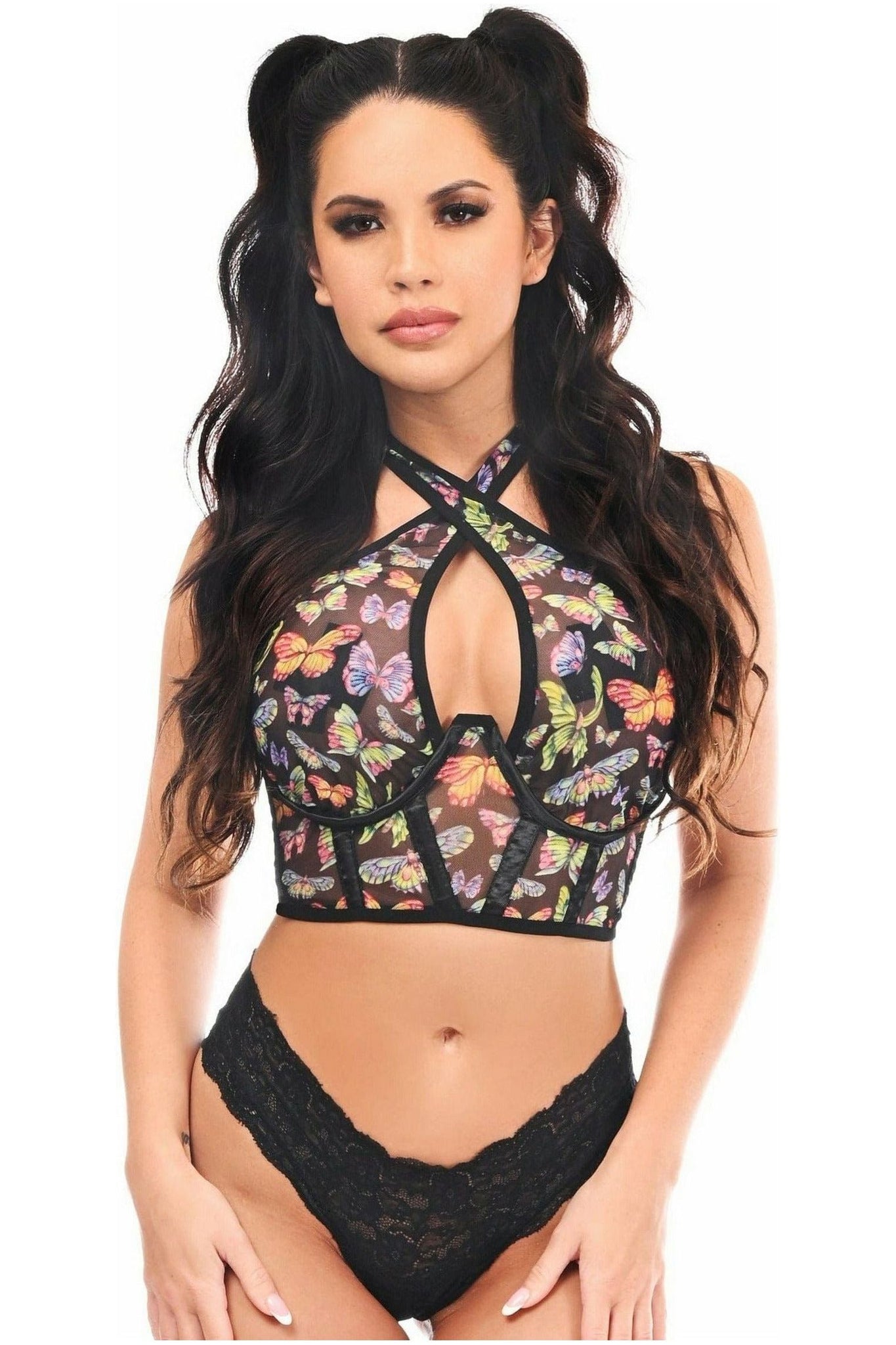 Lavish Multi Butterflies Mesh Underwire Cincher w/Built In Halter Top