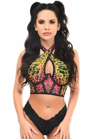 Lavish Rainbow Leopard Mesh Underwire Cincher w/Built In Halter Top