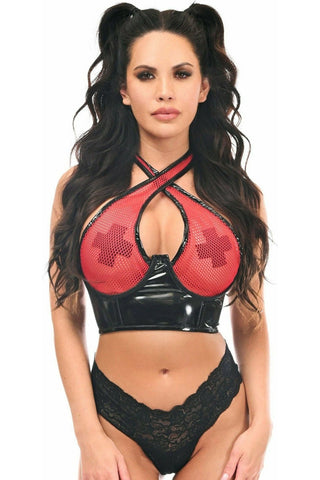 Lavish Red/Black Vinyl & Fishnet Halter Top Underwire Cincher