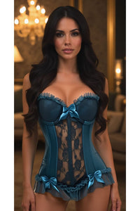 Lavish Dark Teal Lycra & Lace Hook & Eye Stretch Bustier Corset