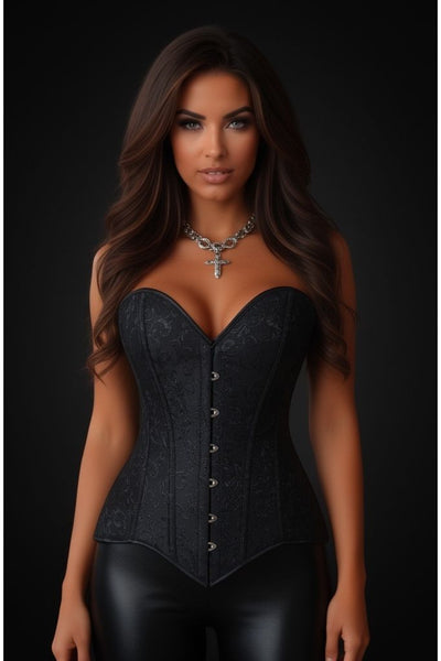 Lavish Black Brocade Overbust Corset W/Busk Closure