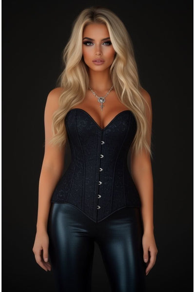 Lavish Black Brocade Overbust Corset W/Busk Closure