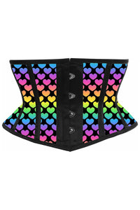 Lavish Rainbow Hearts Print Satin Mini Cincher Corset