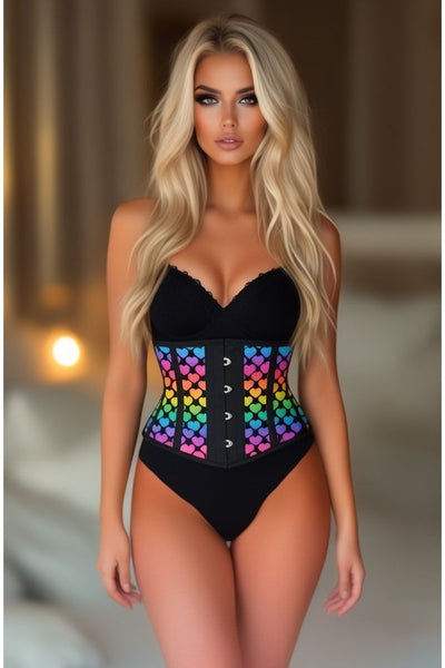 Lavish Rainbow Hearts Print Satin Mini Cincher Corset