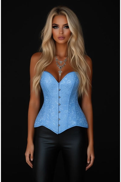 Lavish Lt Blue Brocade Overbust Corset W/Busk Closure
