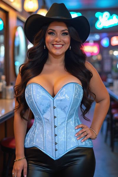 Lavish Lt Blue Brocade Overbust Corset W/Busk Closure