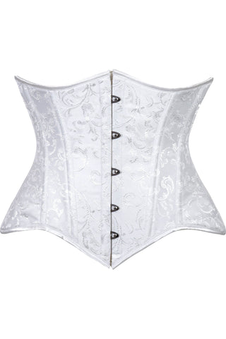 Lavish White Brocade Waist Cincher Under Bust Corset w/Front Busk Closure