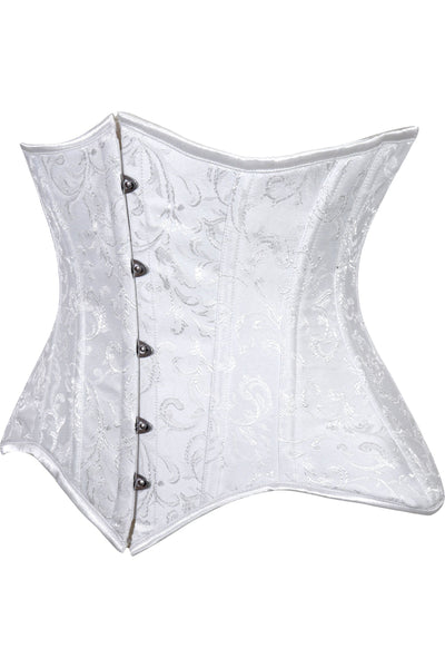 Lavish White Brocade Waist Cincher Under Bust Corset w/Front Busk Closure