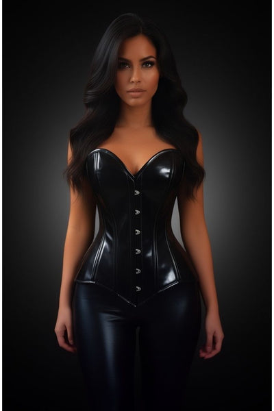 Lavish Black Patent PVC Vinyl Overbust Corset Sweetheart Neckline Busk Closure