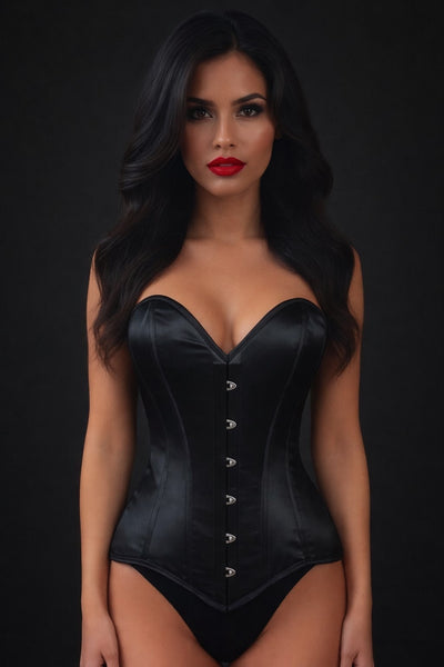 Lavish Black Satin Overbust Corset Sweetheart Neckline Busk Closure