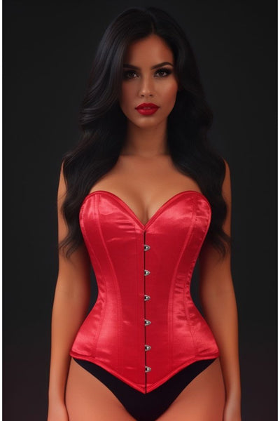 Lavish Red Satin Overbust Corset Sweetheart Neckline Busk Closure