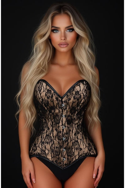 Lavish Beige/Black Lace Overbust Corset Sweetheart Neckline Busk Closure