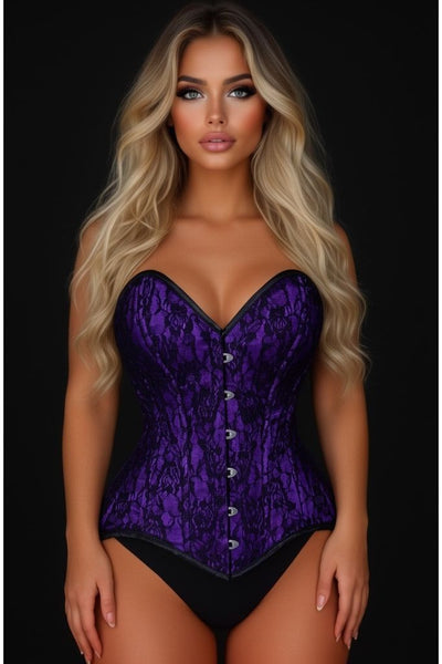 Lavish Purple/Black Lace Overbust Corset Sweetheart Neckline Busk Closure