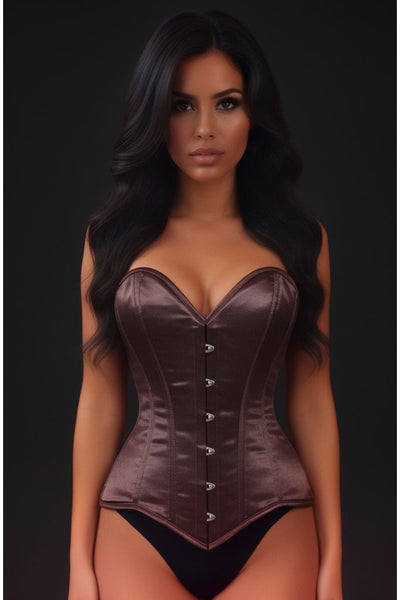 Lavish Dark Brown Satin Overbust Corset Sweetheart Neckline Busk Closure