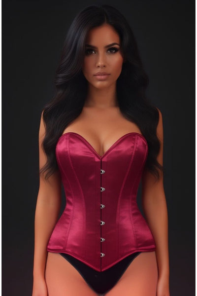 Lavish Dark Red Wine Satin Overbust Corset Sweetheart Neckline Busk Closure