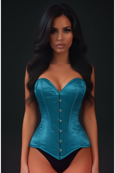 Lavish Teal Satin Overbust Corset Sweetheart Neckline Busk Closure