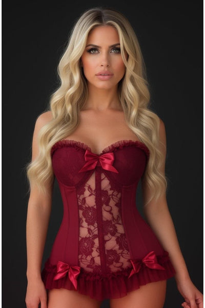 Lavish Dark Red Wine Lycra & Lace Hook & Eye Stretch Bustier Corset