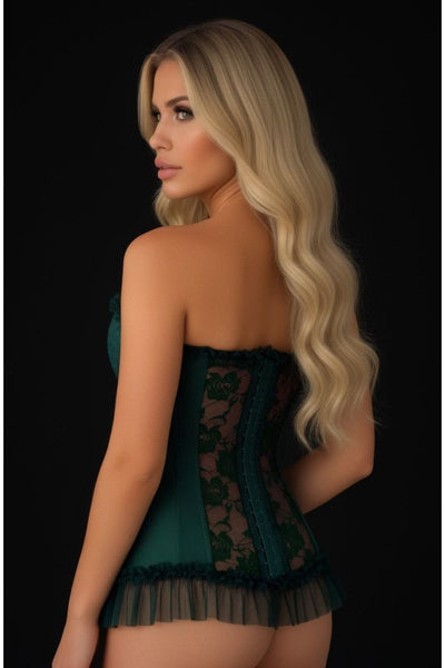 Lavish Dark Green Lycra & Lace Hook & Eye Stretch Bustier Corset