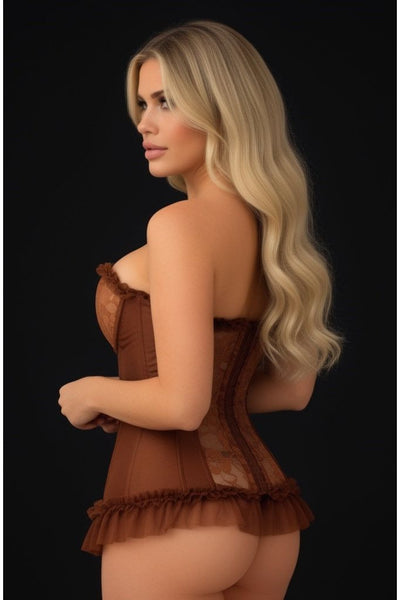 Lavish Caramel Lycra & Lace Hook & Eye Stretch Bustier Corset