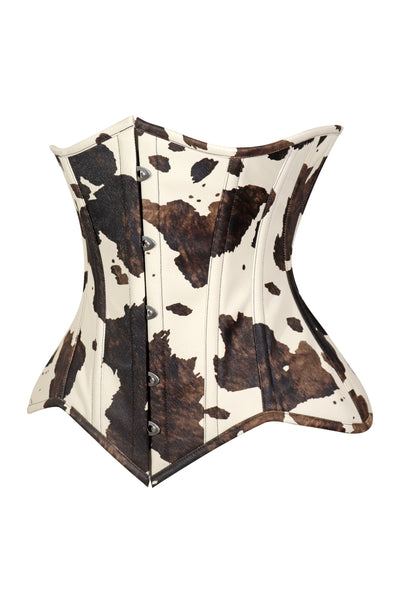 Lavish Brown/Cream Cow Print Faux Leather Underbust Waist Cincher Corset Top