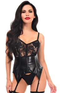 Lavish Black Wet Look & Lace Bustier Corset w/Garters