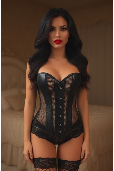 Lavish Faux Leather & Fishnet Overbust Corset