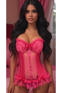 Lavish Fuchsia Lycra & Lace Hook & Eye Stretch Bustier Corset