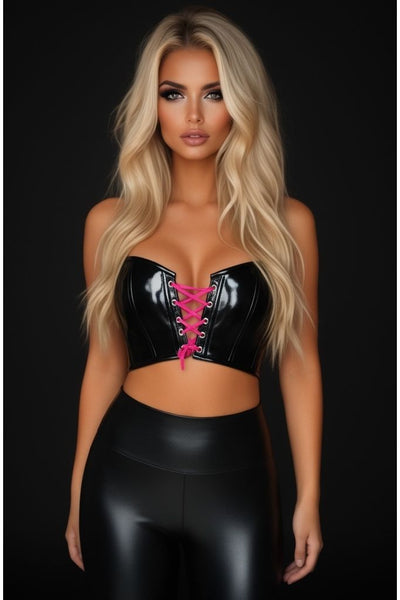 Lavish Black/Hot Pink Patent Lace-Up Short Bustier Top