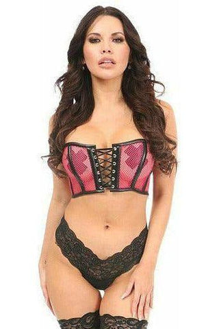 Lavish Hot Pink Fishnet & Faux Leather Lace-Up Short Bustier Top - Daisy Corsets