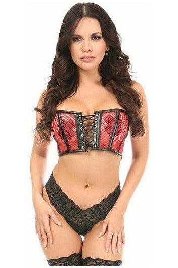 Lavish Red Fishnet & Faux Leather Lace-Up Short Bustier Top - Daisy Corsets